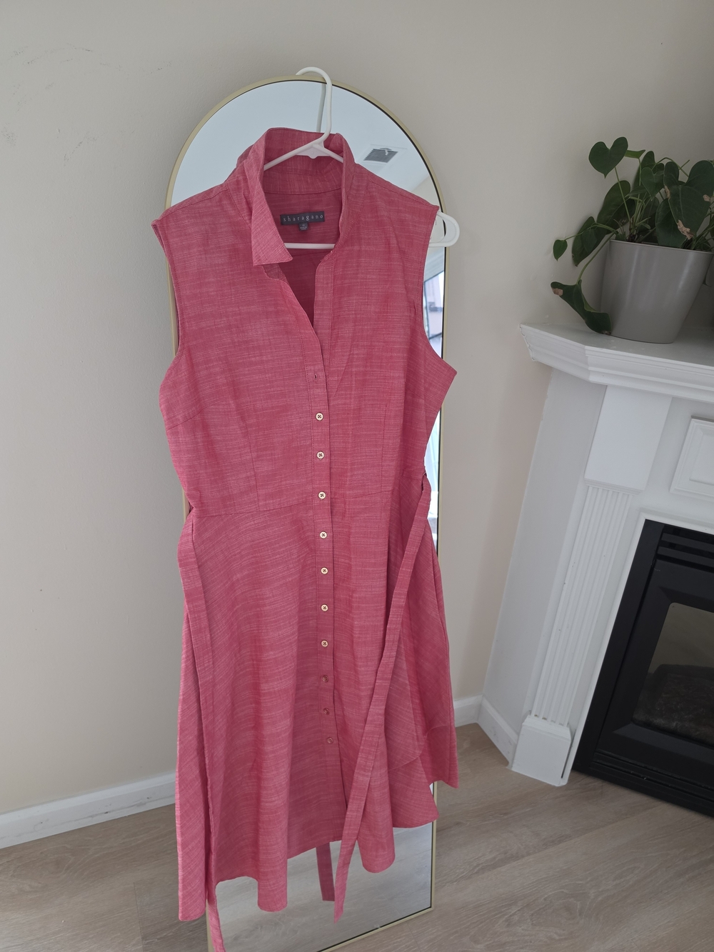 Sleeveless Pink Button-Front Shirt Dress with Tie Waist